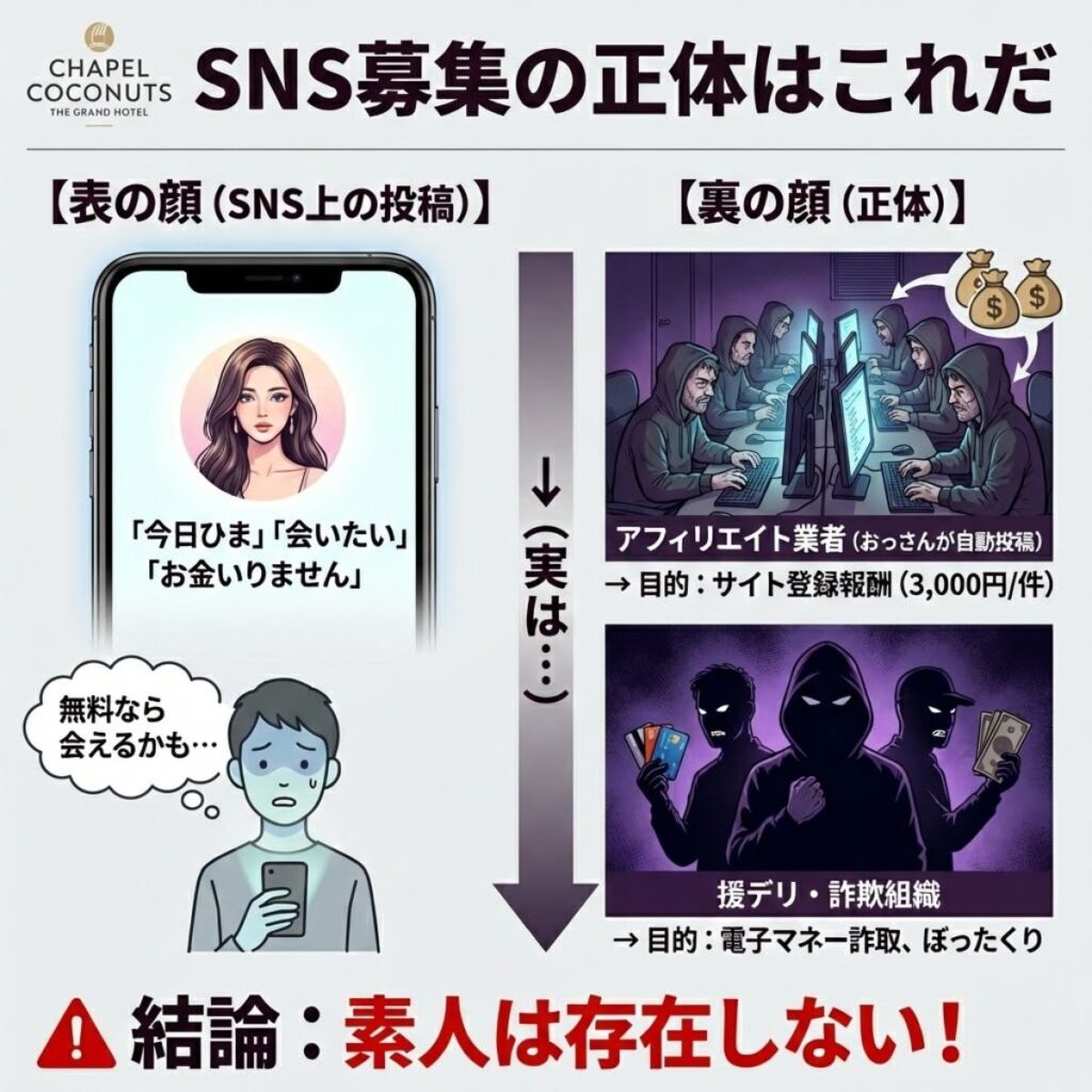 SNS募集の裏側の仕組み。表向きは素人女性を装っているが、中身はアフィリエイト業者や詐欺組織であり、カモにされる構造を図解