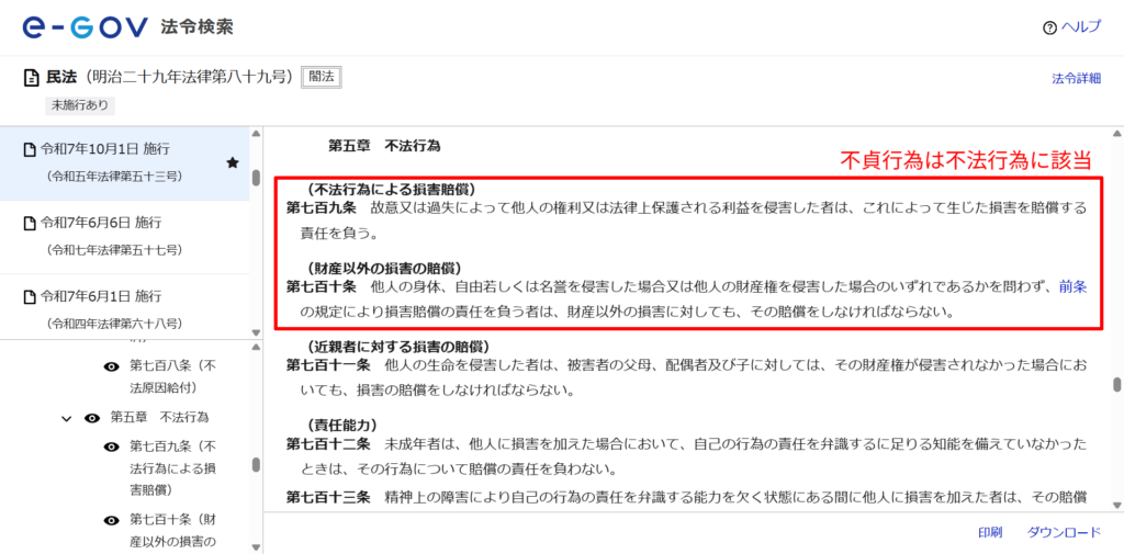 民法第709条および710条（e-Gov法令検索）。不法行為に対する損害賠償責任の規定。
