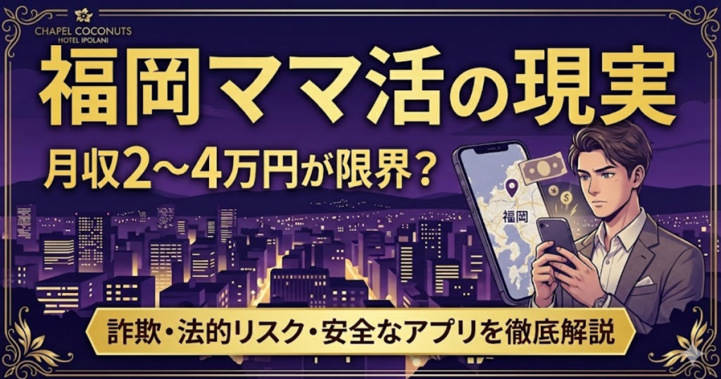 福岡のママ活事情を解説するアイキャッチ画像。月収の現実やリスクについての見出し。
