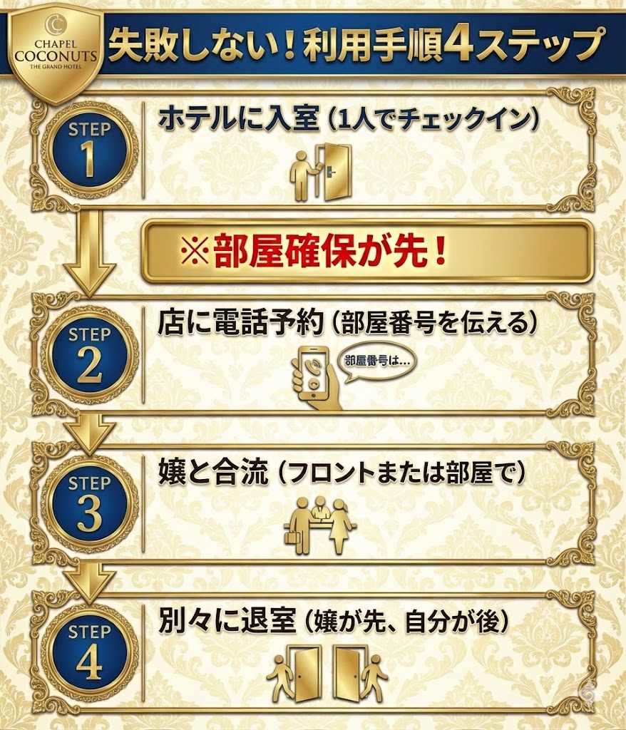 ラブホテルでデリヘルを利用する際の手順4ステップ。1人で入室し、部屋番号を確認してから店に電話するのがポイント