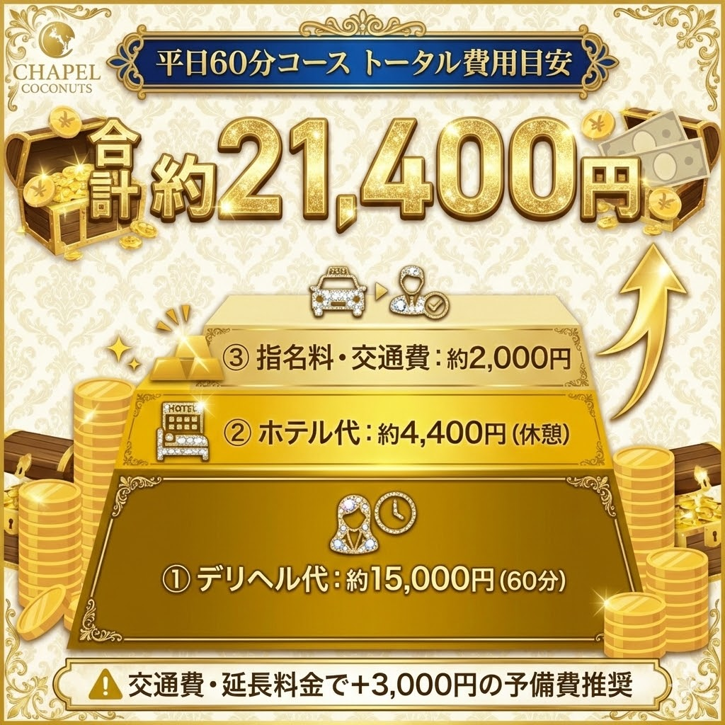 平日60分コース利用時のトータル費用シミュレーション。デリヘル代、ホテル休憩代、指名料などを合わせて約2万円強が目安