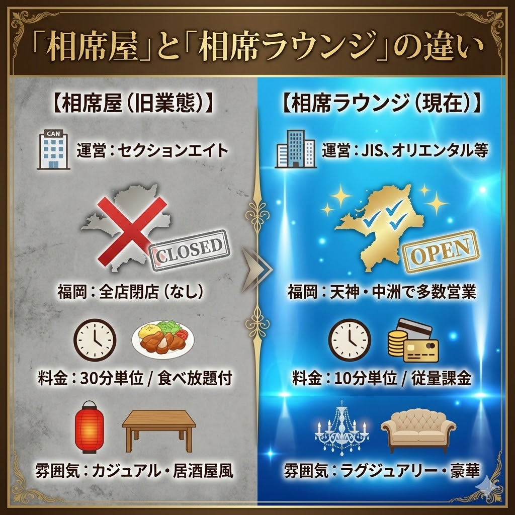 相席屋と相席ラウンジの比較図。福岡では相席屋は閉店しており、現在は10分単位課金の相席ラウンジが主流であることを説明。