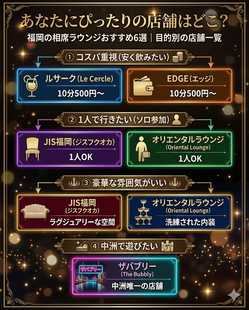 福岡の相席ラウンジ6店舗の選び方。コスパ、1人利用、雰囲気、エリア別の最適店舗まとめ。