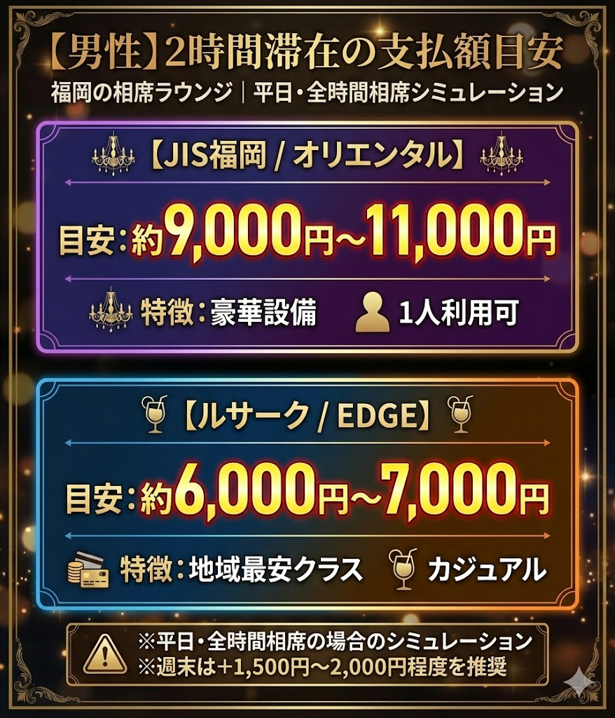 福岡の相席ラウンジの料金シミュレーション。JISやオリエンタルは約1万円、ルサークやEDGEは約7千円が2時間の予算目安。