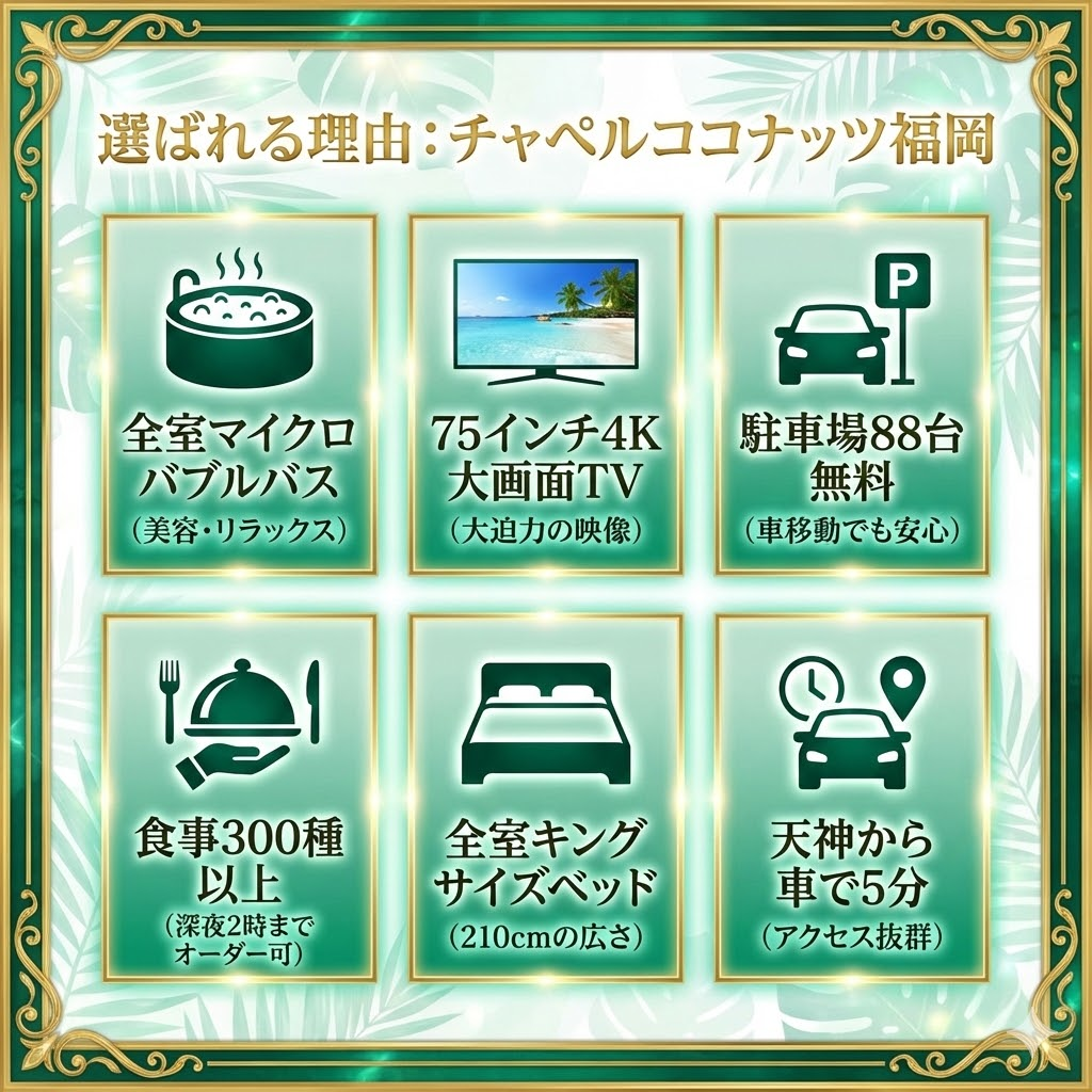 チャペルココナッツ ホテル イポラニ福岡の設備特徴。全室マイクロバブルバス、大型TV、無料駐車場、豊富なフードメニューを紹介。