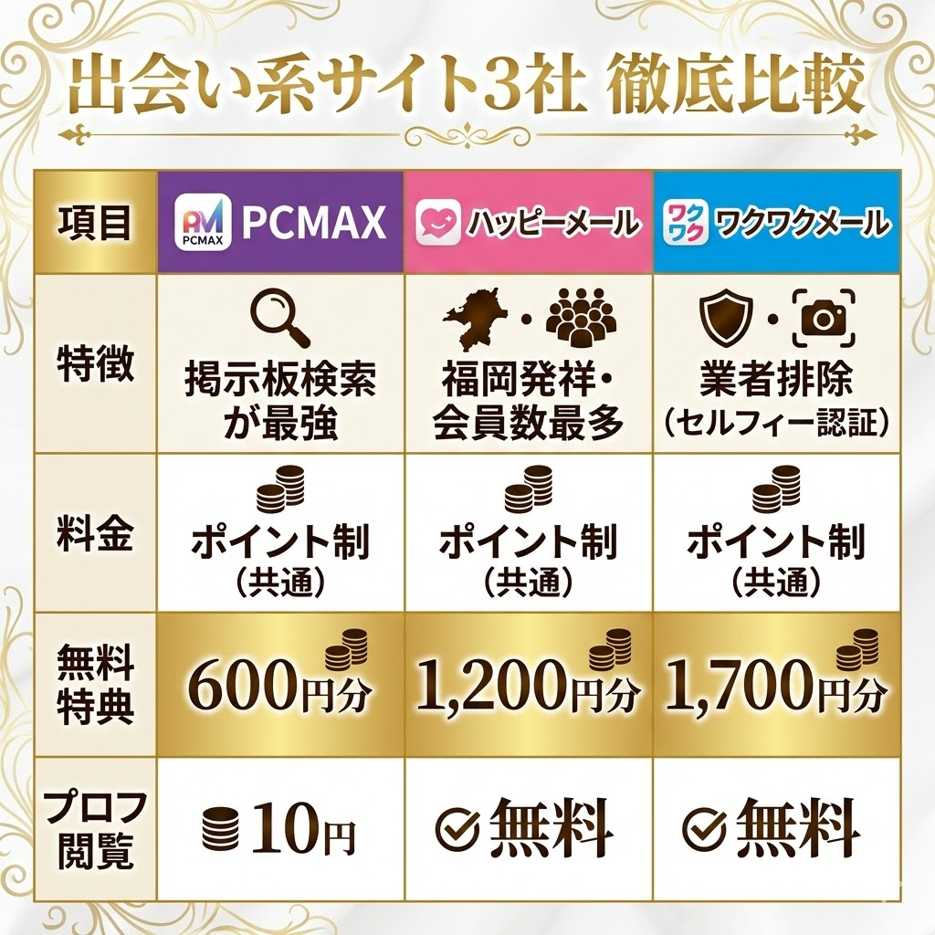 PCMAX、ハッピーメール、ワクワクメールの3社の特徴・料金・無料特典の比較表。