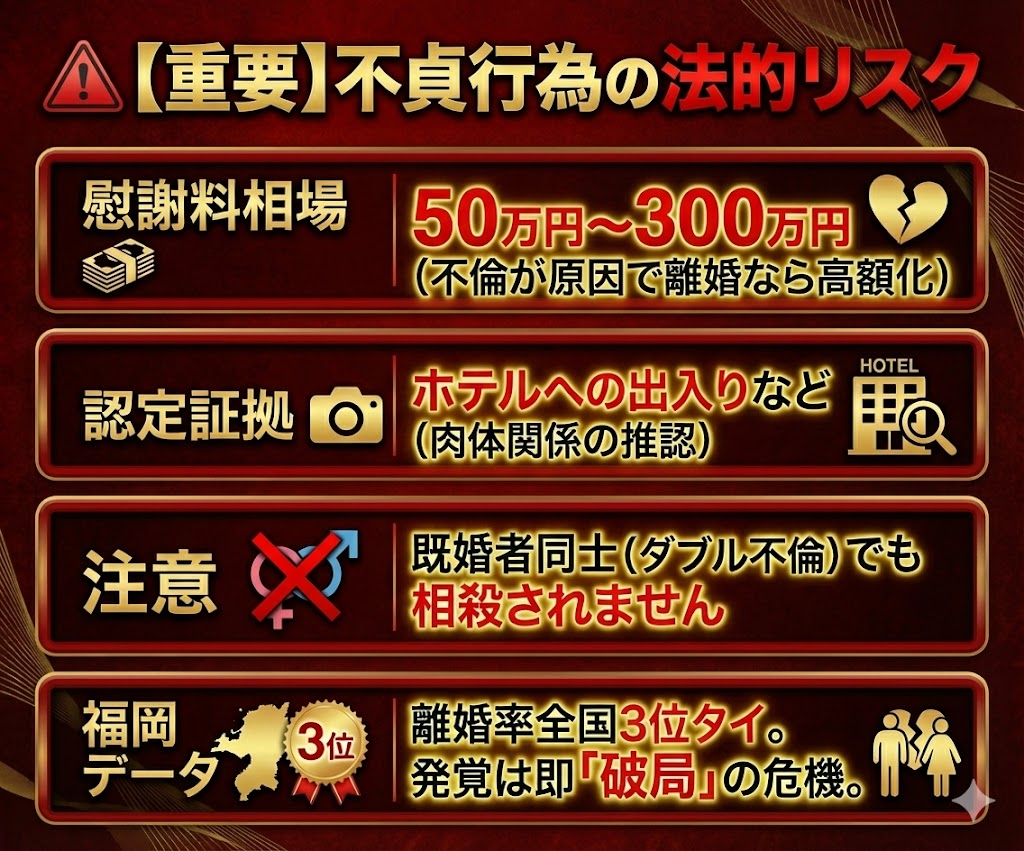 不貞行為による慰謝料相場と法的リスクのまとめ図解。