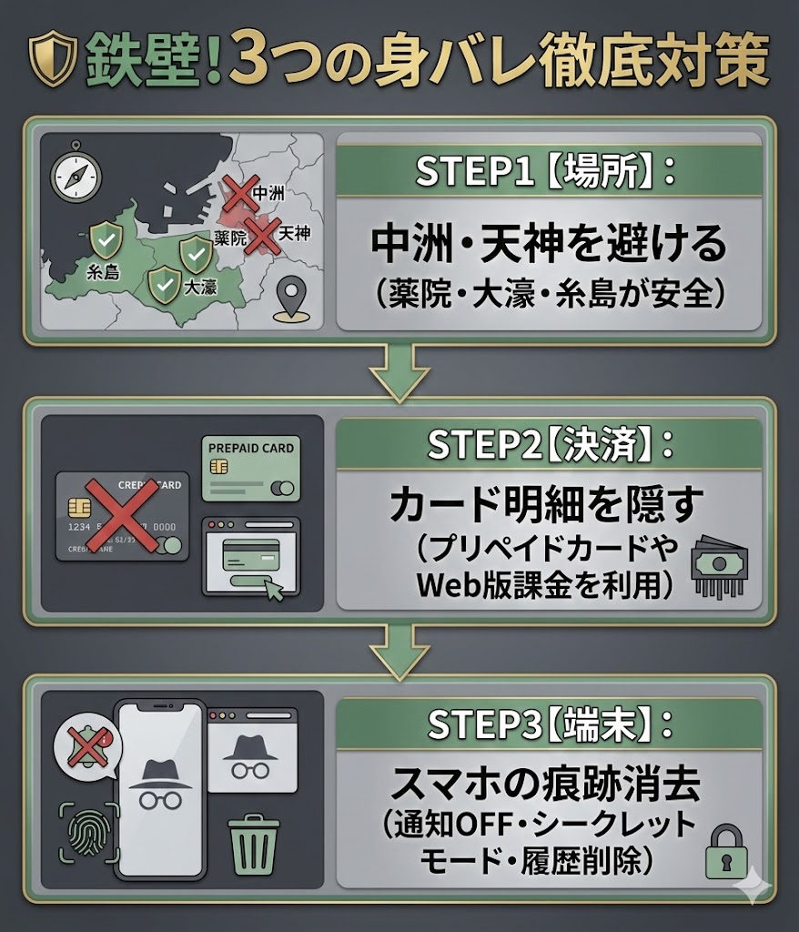 福岡での身バレ対策3ステップ。場所選び、決済方法、スマホ設定のポイント解説。
