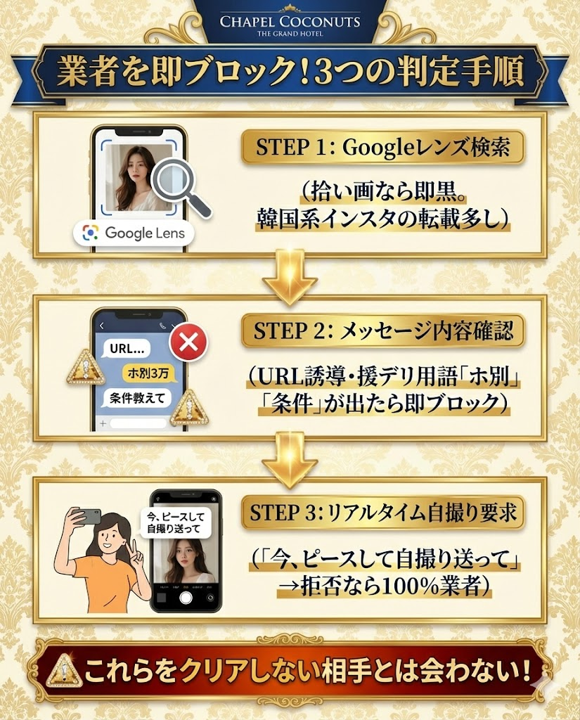 業者を見抜く3つの手順。Googleレンズでの画像検索、NGワードの確認、リアルタイム自撮りの要求で判別可能