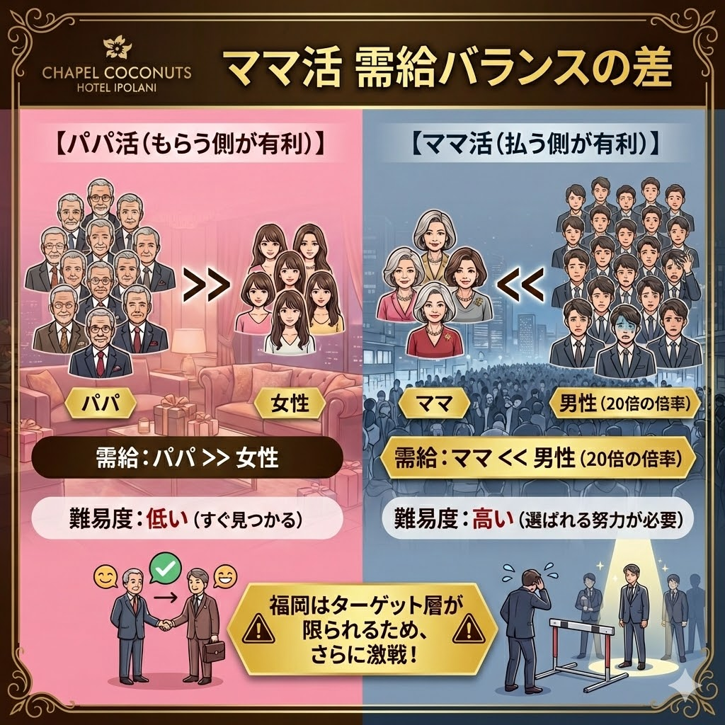 パパ活とママ活の需給バランス比較図。ママ活は男性過多で難易度が高いことを説明。