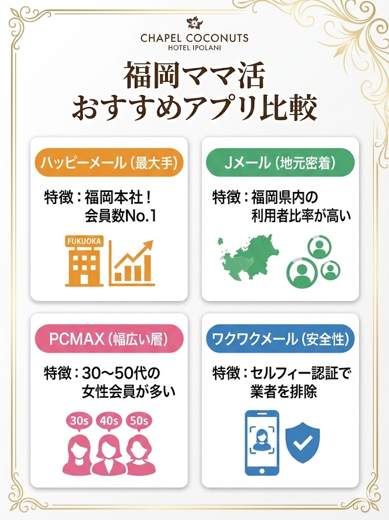 福岡で利用可能なママ活アプリ比較。ハッピーメール、Jメール、PCMAX、ワクワクメールの特徴まとめ。
