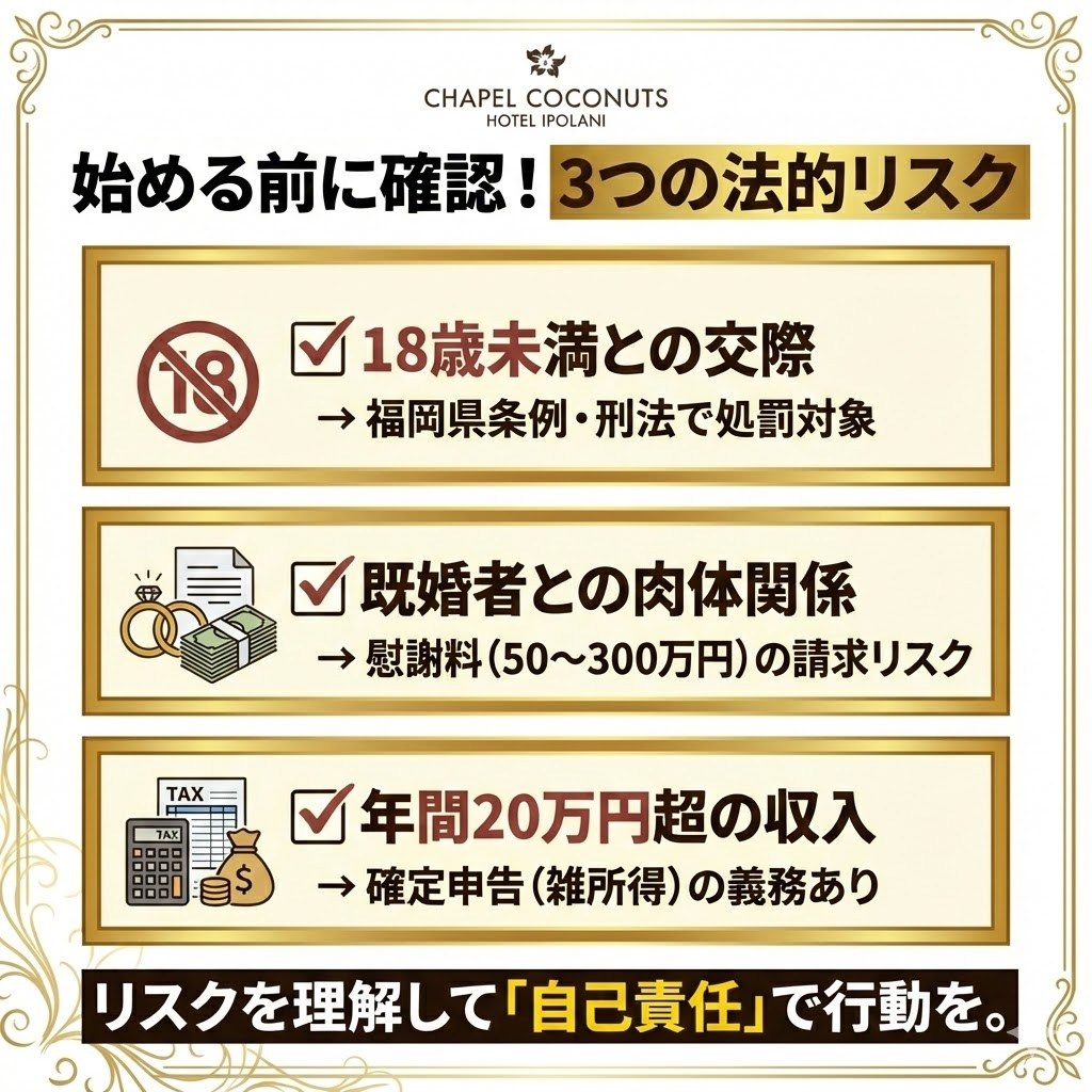 ママ活の法的リスクチェックリスト。未成年交際、不倫の慰謝料、確定申告についての警告。
