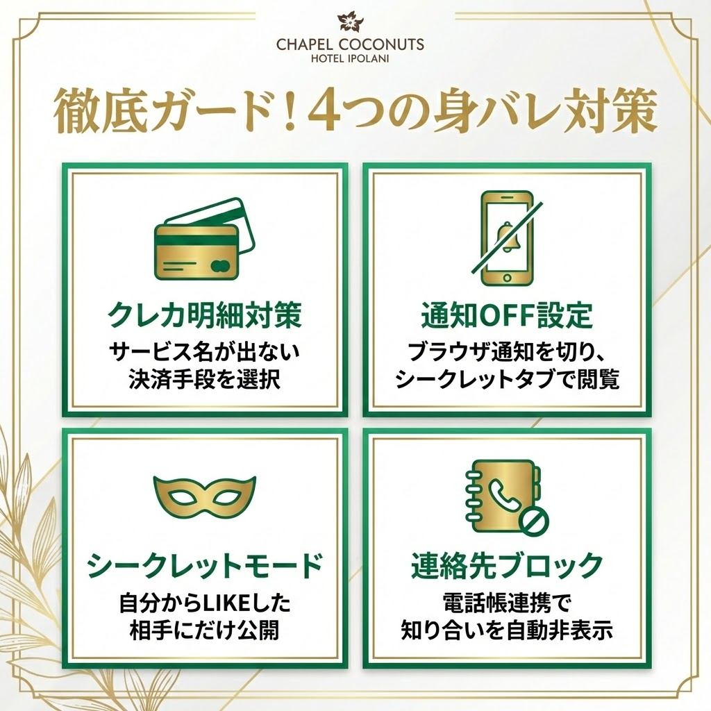 既婚者マッチングアプリの身バレ対策4選。クレカ明細、通知設定、シークレットモード、連絡先ブロックの解説。