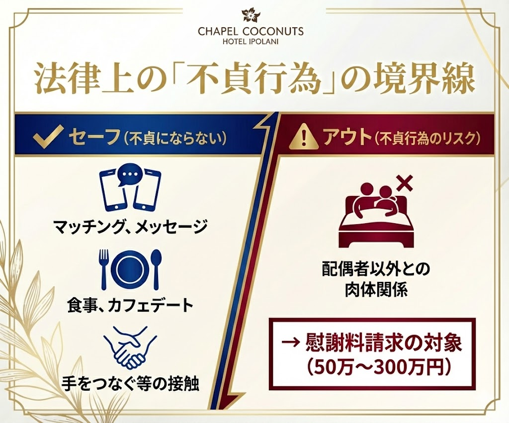 マッチングアプリ利用における法律上の不貞行為の境界線。肉体関係の有無が慰謝料発生のポイントであることを解説。