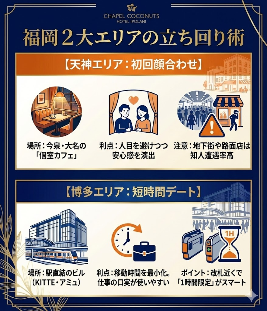 福岡での既婚者デートエリア戦略。天神の個室カフェと博多駅直結ビルの使い分けを解説。