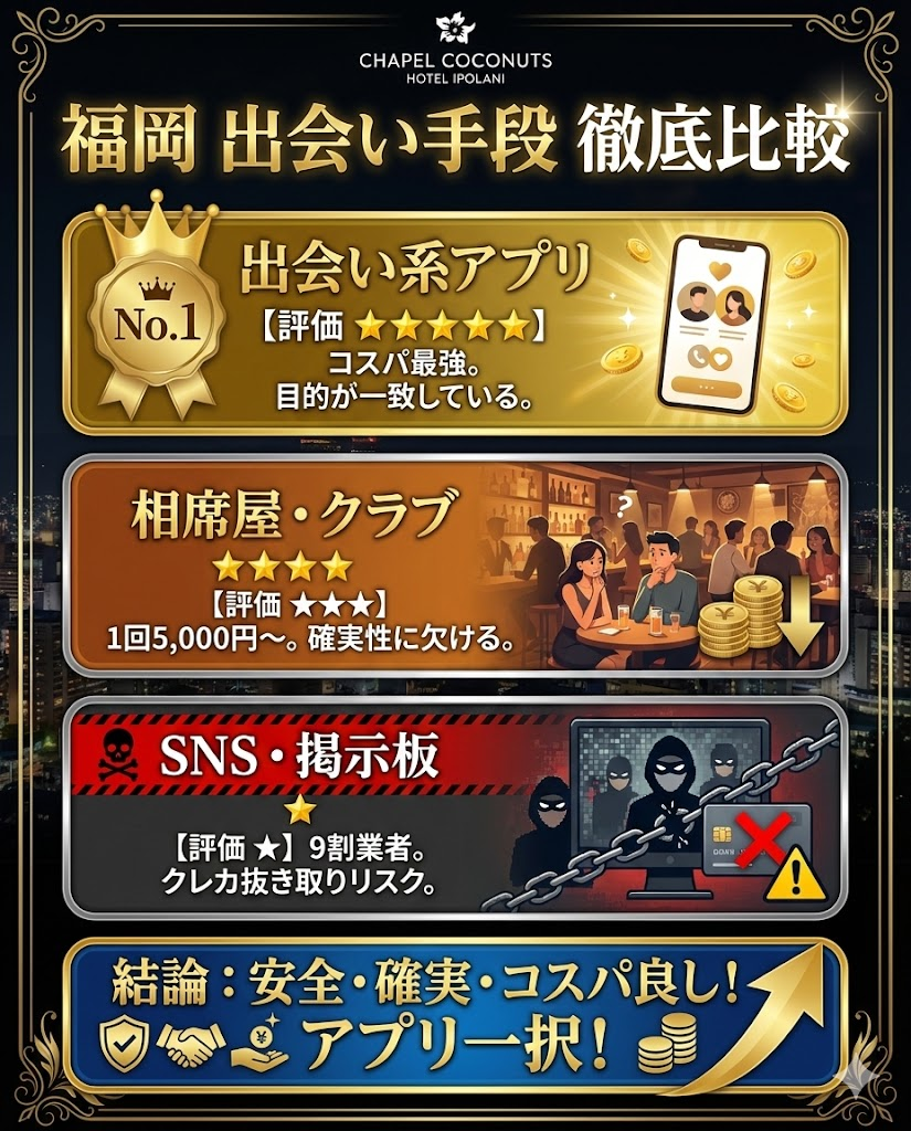 福岡での出会い手段比較図。出会い系アプリ、相席屋、クラブ、SNSのコスパと安全性を比較。