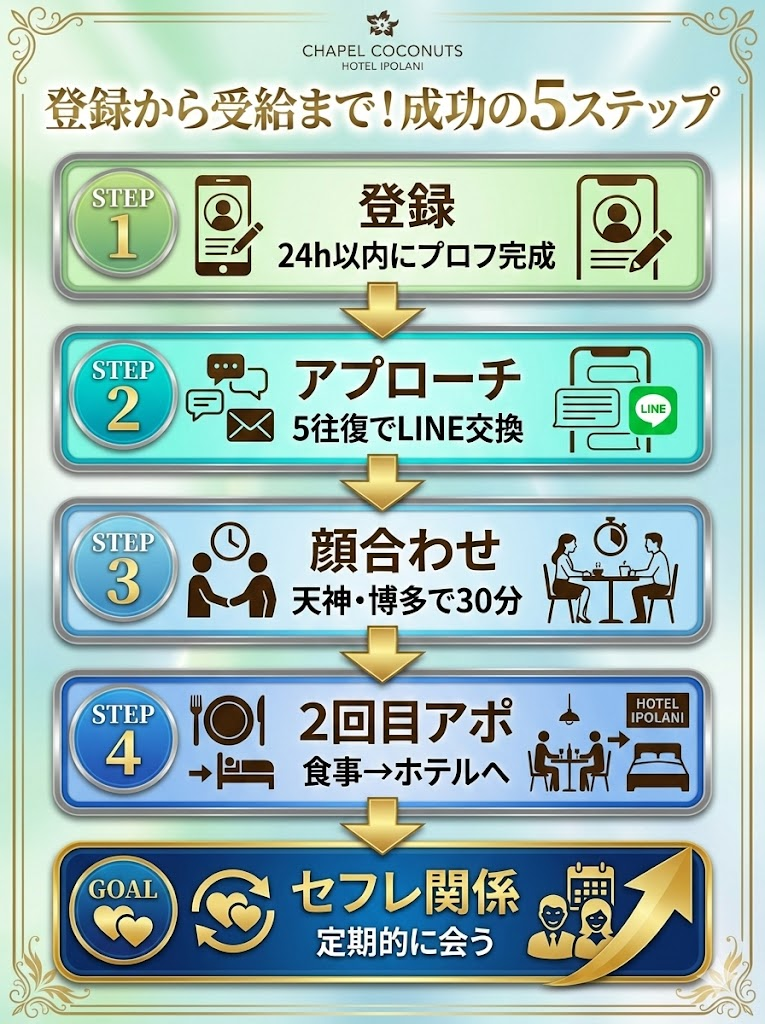 福岡でセフレを作るまでの5ステップ。登録、メッセージ、顔合わせ、ホテル、関係構築の流れ。