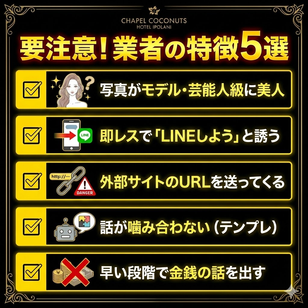 出会い系アプリに潜む業者の特徴チェックリスト。美人すぎる写真や外部サイト誘導に注意。