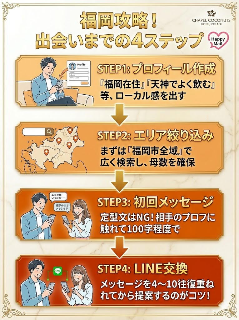 ハッピーメール福岡版の攻略4ステップ。プロフィール作成からエリア検索、初回メッセージ、LINE交換までの具体的な流れを図解。