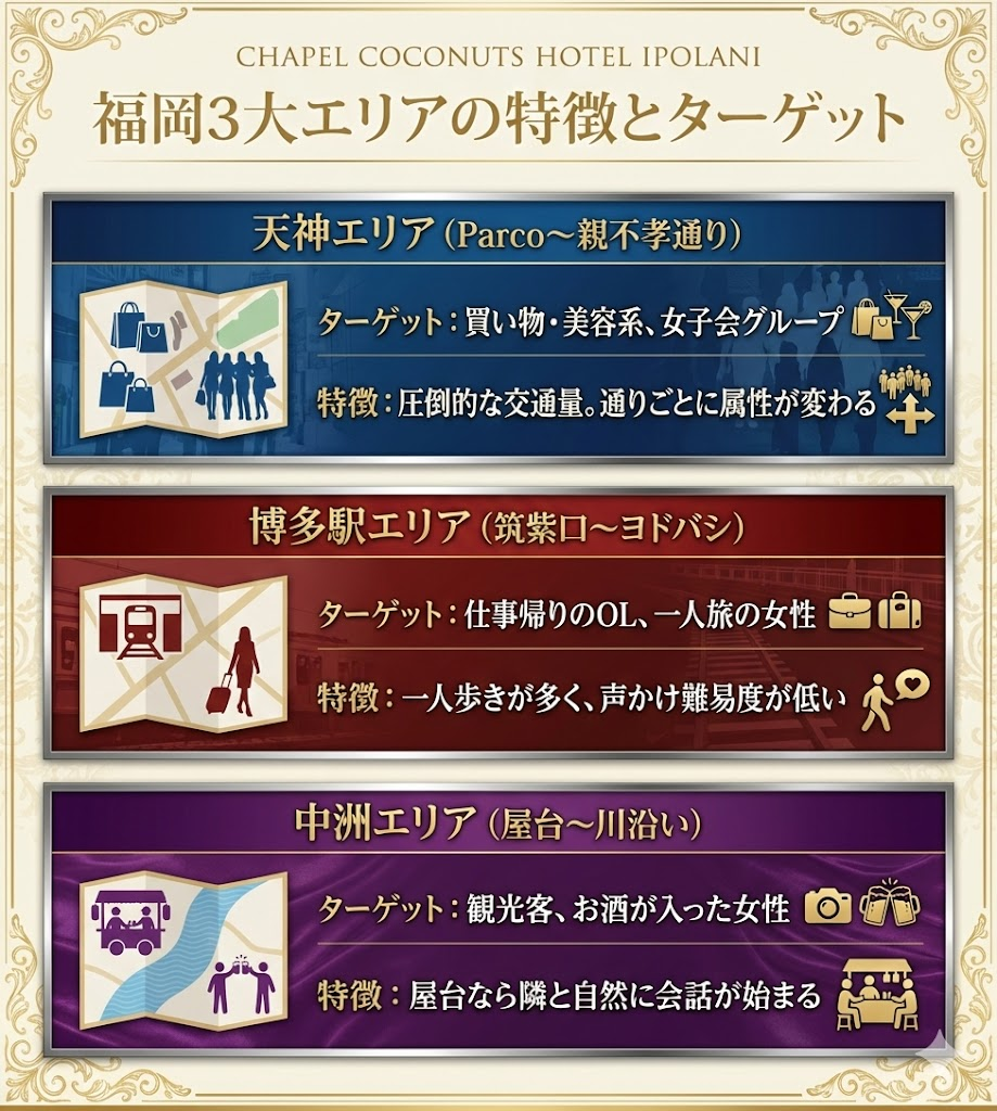 福岡ナンパの3大エリア特徴まとめ。天神はグループ層、博多駅は一人歩きのOL、中洲は観光客がターゲット
