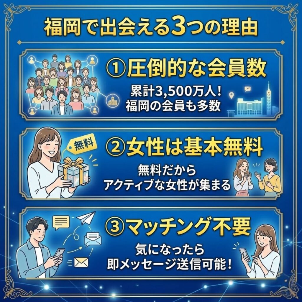 ハッピーメールが福岡で出会える3つの理由。圧倒的な会員数、女性基本無料、マッチング不要で即メッセージ可能であることを図解。