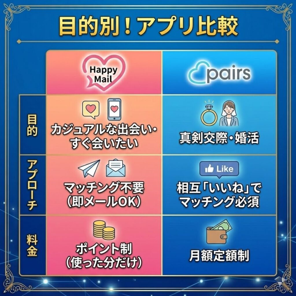 ハッピーメールとペアーズの比較表。ハッピーメールはカジュアル目的で即メッセージ可能、ペアーズは真剣交際目的でマッチング必須である違いを解説。