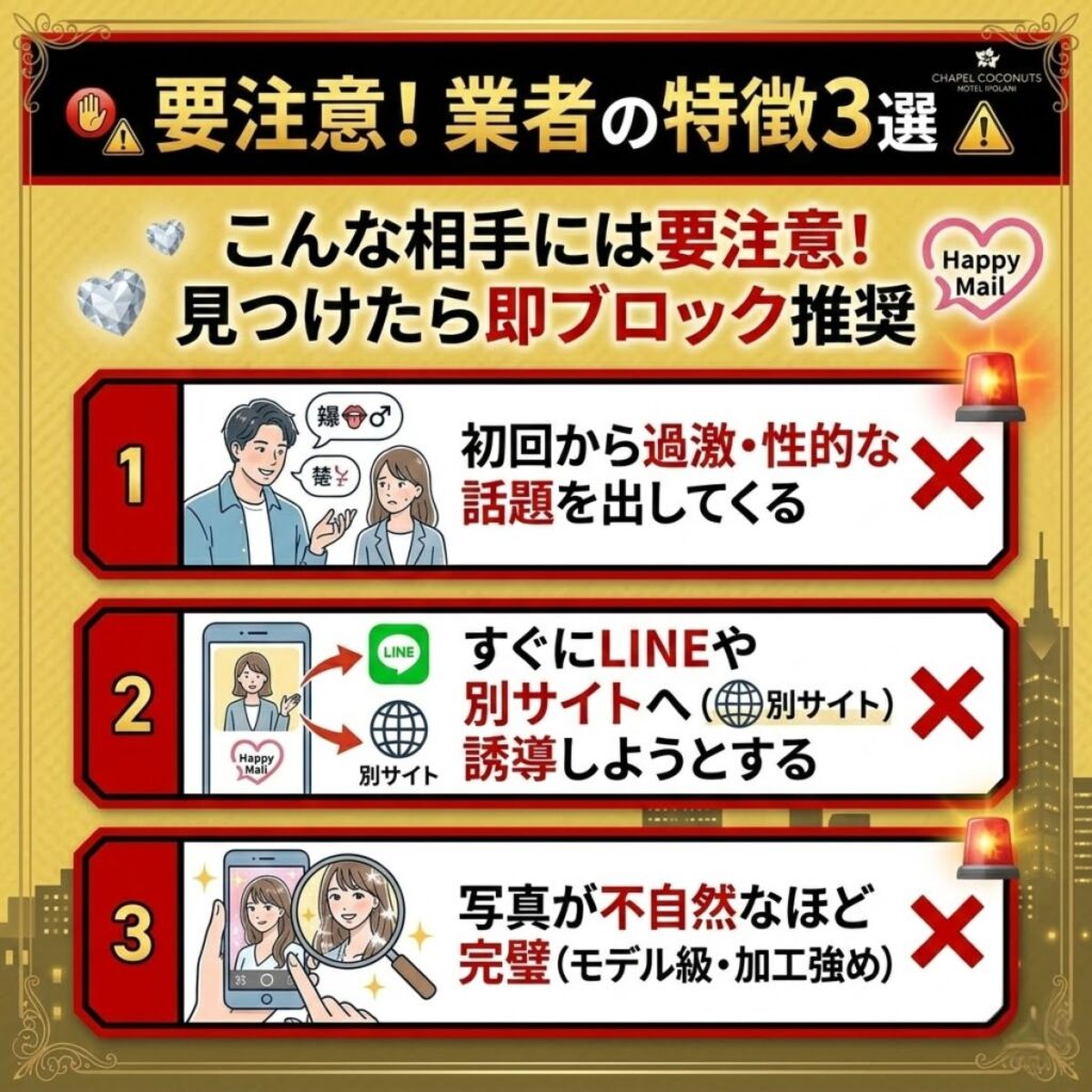 ハッピーメールに潜む業者の特徴3選。初回からの性的話題、外部誘導、不自然な完璧写真に注意喚起。