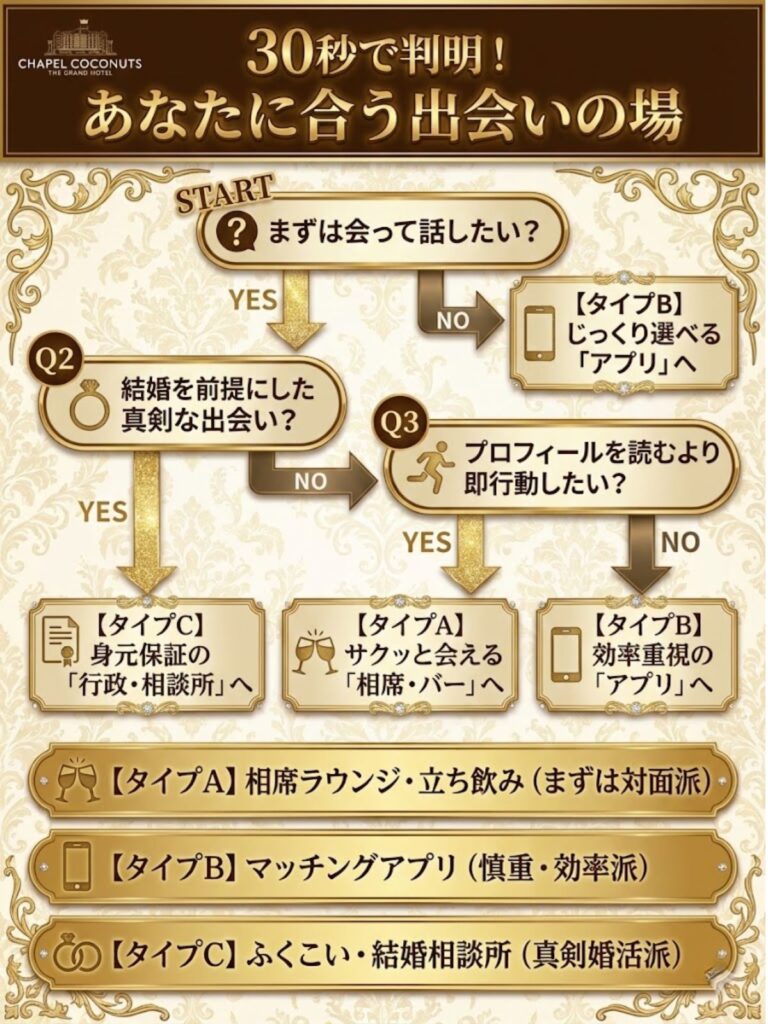 福岡での出会い方を診断するフローチャート。「まずは会いたいか」「結婚前提か」等の質問に答えることで、相席ラウンジ、マッチングアプリ、行政婚活のどこに行くべきかがわかります。