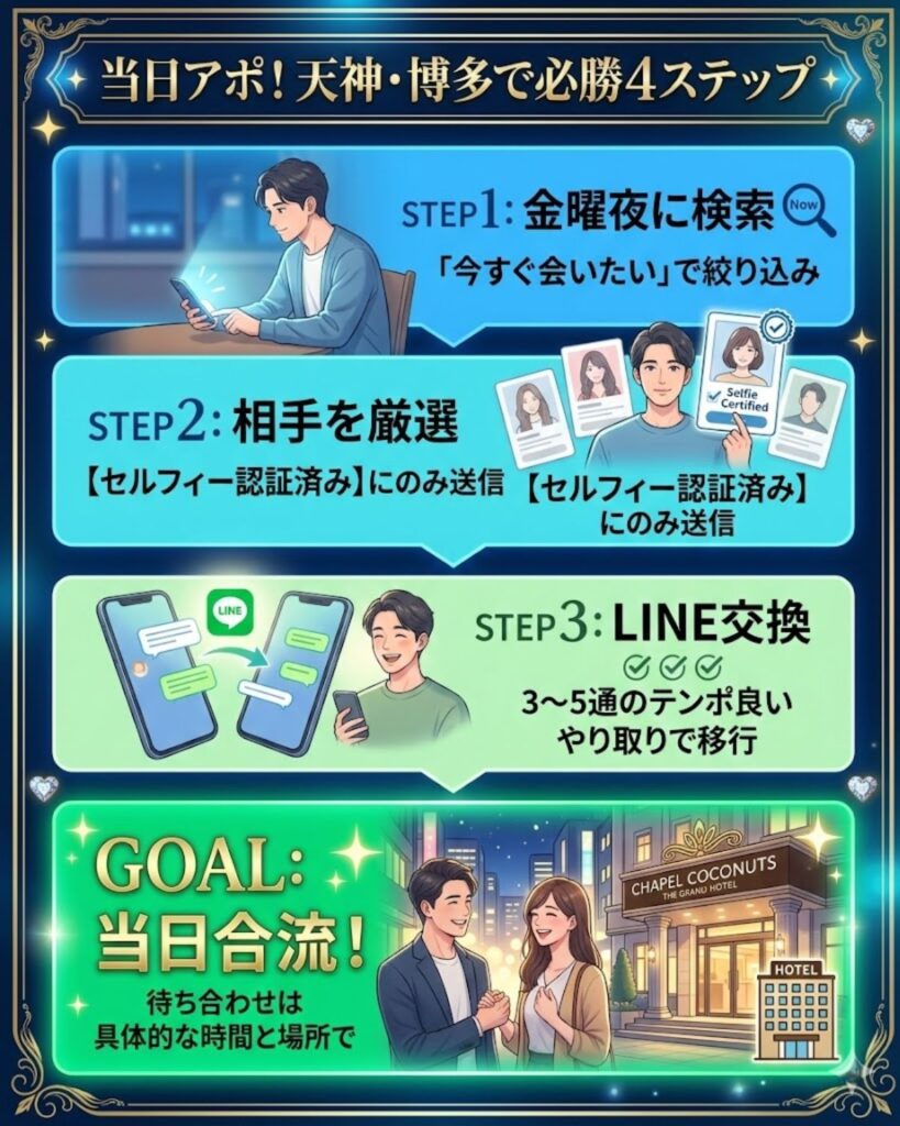 天神・博多での当日アポ成立までの4ステップ。金曜夜の検索からセルフィー認証済みの相手への送信、LINE交換を経て合流する流れ。