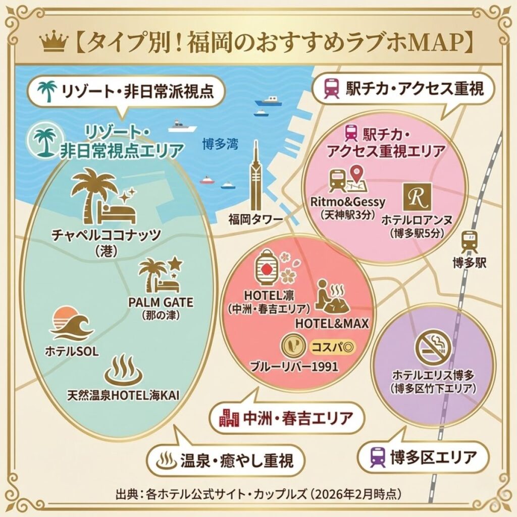 福岡のおすすめラブホテル10軒を4つのエリアに分類したイラストマップ。リゾート・非日常派エリア（港・那の津）にはチャペルココナッツ・PALM GATE・ホテルSOL・天然温泉HOTEL海KAIを配置。駅チカ・アクセス重視エリア（天神〜博多駅）にはRitmo & Gessy・ホテルロアンヌを配置。中洲・春吉エリアにはHOTEL凛・HOTEL&MAX・ブルーリバー1991を配置。博多区エリアにはホテルエリス博多を配置。各ホテルには特徴を表すアイコン（ヤシの木、温泉マーク、電車、コイン、禁煙マーク等）を付けて視覚的に分類