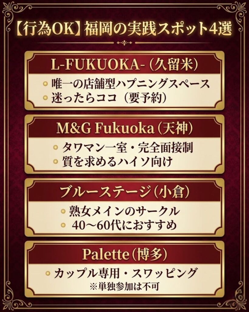 福岡の行為OKなパーティールーム・サークル4選。L-FUKUOKA-、M&G Fukuoka、ブルーステージ、Paletteの場所と特徴