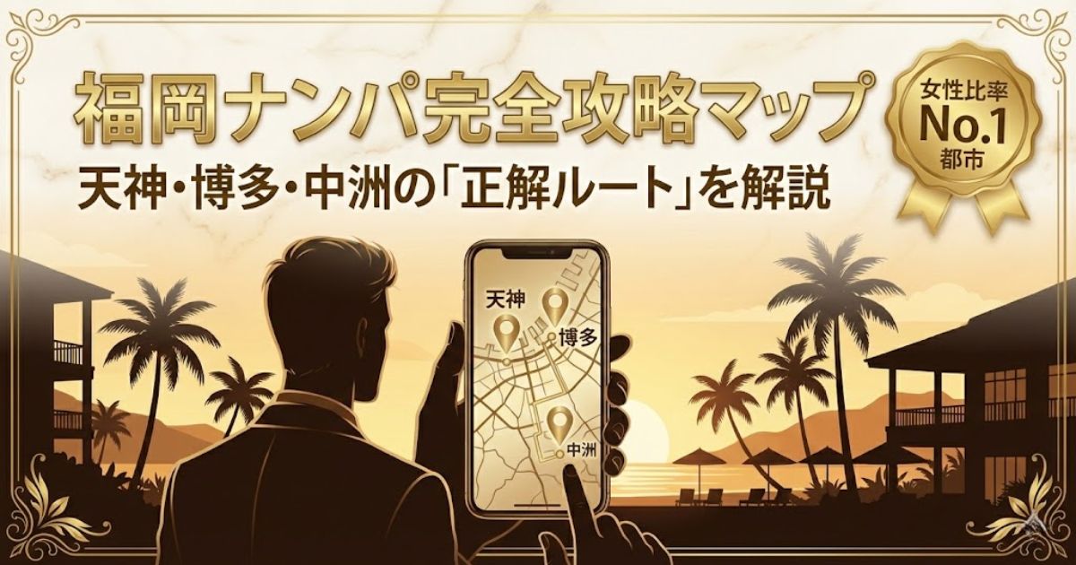 福岡ナンパ完全攻略記事のアイキャッチ。天神・博多・中洲の3エリア攻略法と時間帯別の立ち回りを解説