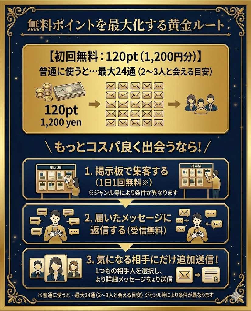 無料ポイント120pt（1,200円分）を最大化する使い方。掲示板で集客し、届いたメッセージに返信することでポイント消費を抑える。