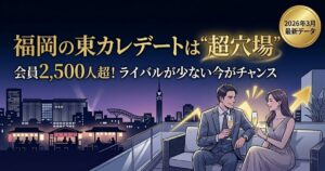 東カレデート福岡の攻略解説アイキャッチ。会員数2,500人超のデータと、ライバルが少なく出会いやすい穴場であることを訴求