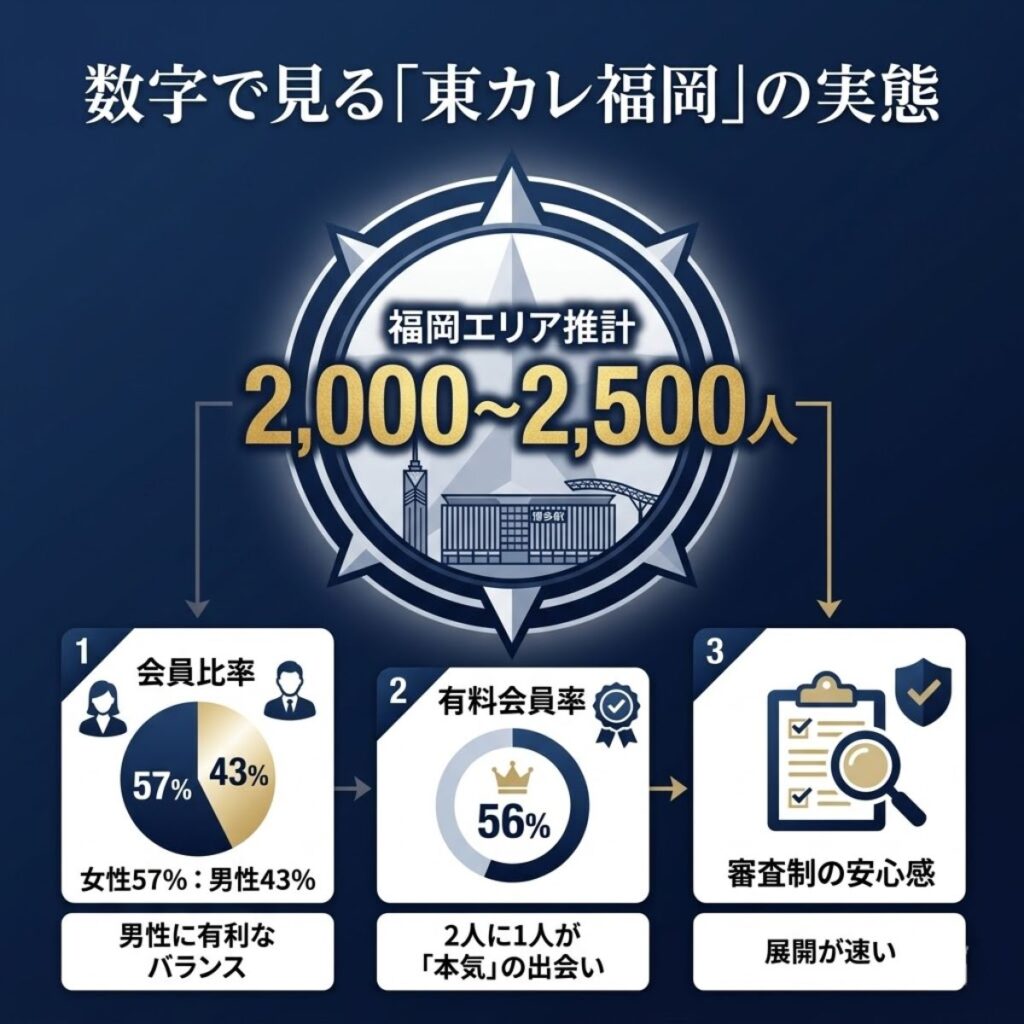東カレデートの東京と福岡の審査基準比較表。福岡は年収500万円からが目安となり、東京より通過しやすい傾向を可視化