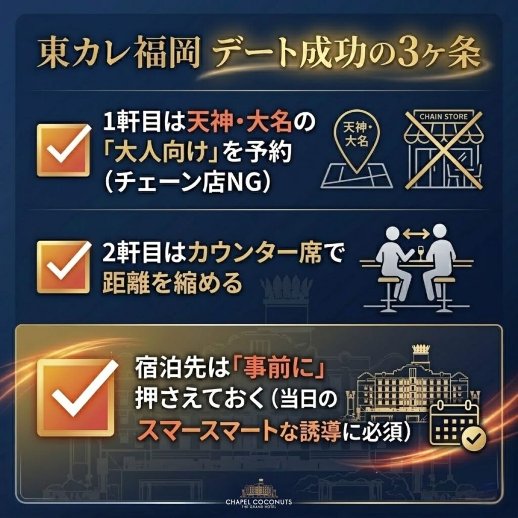東カレデート福岡でのデート成功チェックリスト。お店選び、2軒目の選定、事前の宿泊先確保の3点を推奨