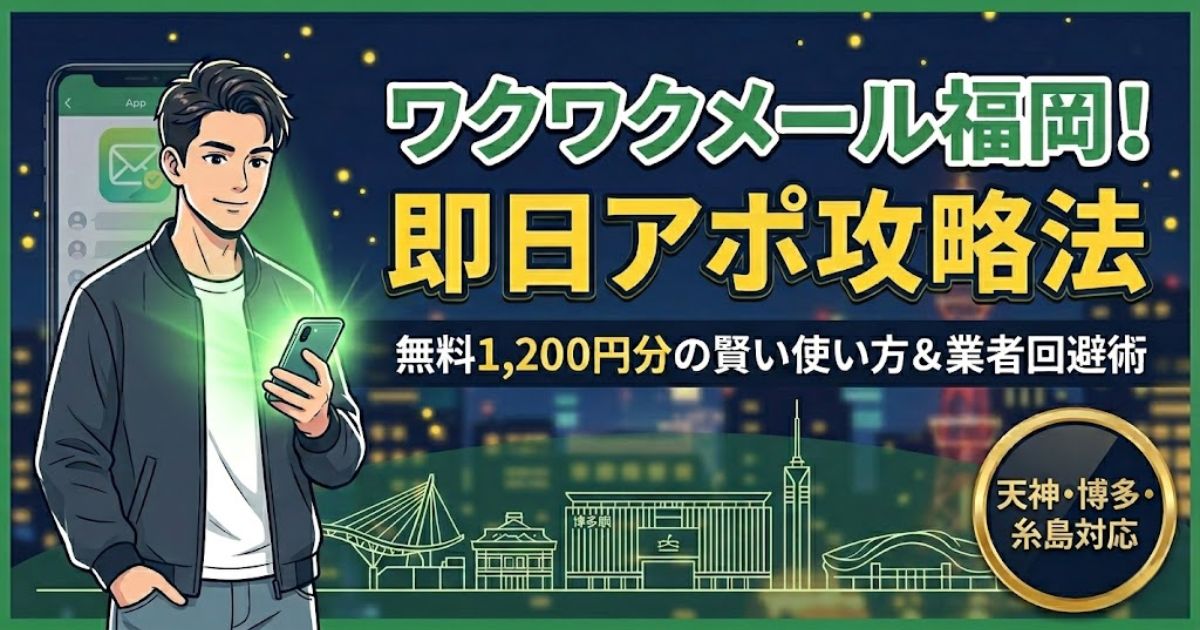 ワクワクメール福岡エリアの即日アポ攻略マニュアル。無料1,200円分の活用術や業者回避テクニックを徹底解説。