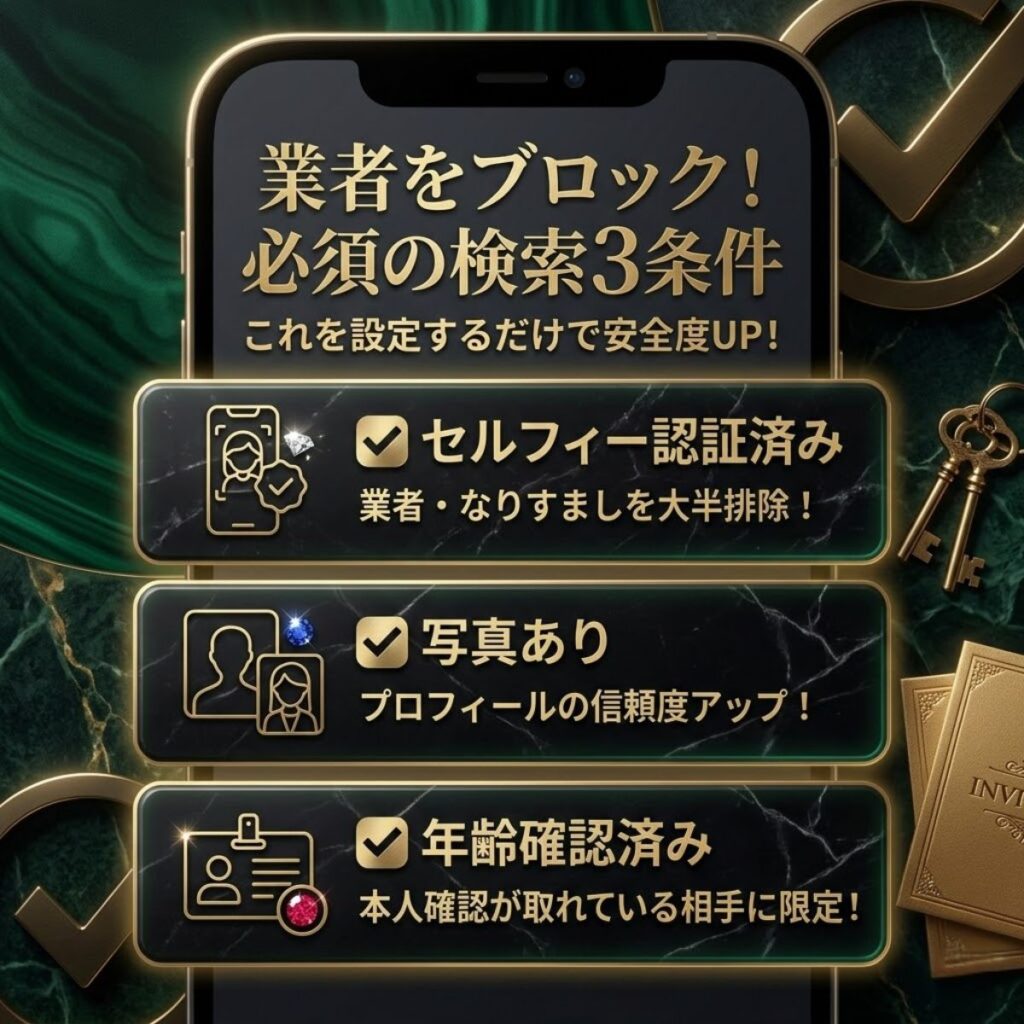業者を排除するための検索3条件。セルフィー認証済み、写真あり、年齢確認済みにチェックを入れることで安全に利用可能。