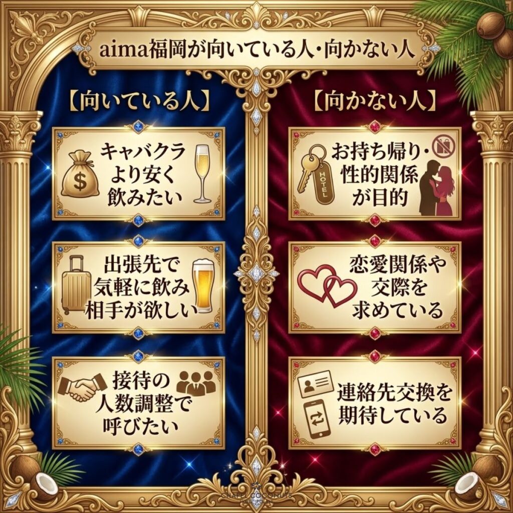 aima福岡が向いている人と向かない人の違いを図解。安く飲みたい人向けであり、お持ち帰りや恋愛目的には向かないことを対比
