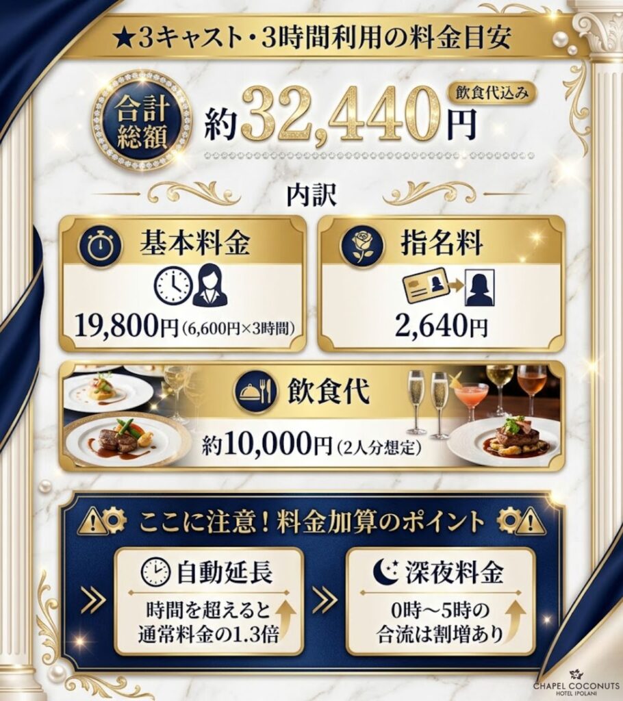 aima福岡で★3キャストを3時間利用した際の料金目安を図解。基本料金、指名料、飲食代の総額と延長・深夜の加算ルールを説明