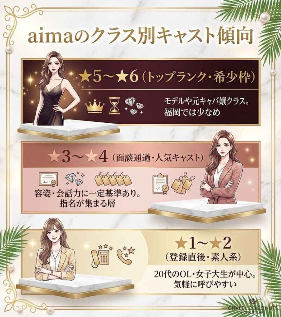 aimaのキャストクラス別の傾向を図解。素人系の★1〜2、面談通過の★3〜4、トップランクの★5〜6の特徴を整理