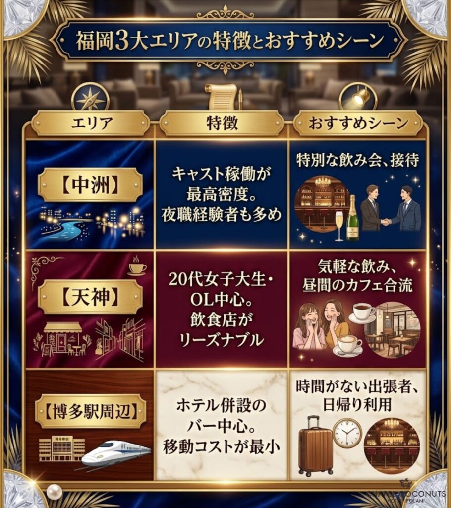 aima福岡の利用エリア比較表。中洲、天神、博多駅周辺それぞれの稼働密度やキャスト傾向、おすすめの利用シーンを整理
