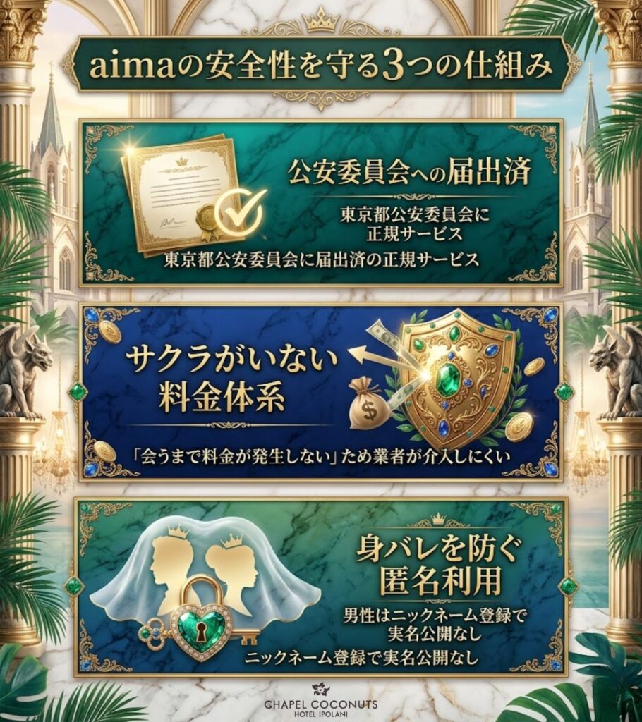 aima福岡の安全性を守る仕組みを図解。公安委員会への届出、サクラが介入できない料金体系、実名公開不要の匿名利用について解説