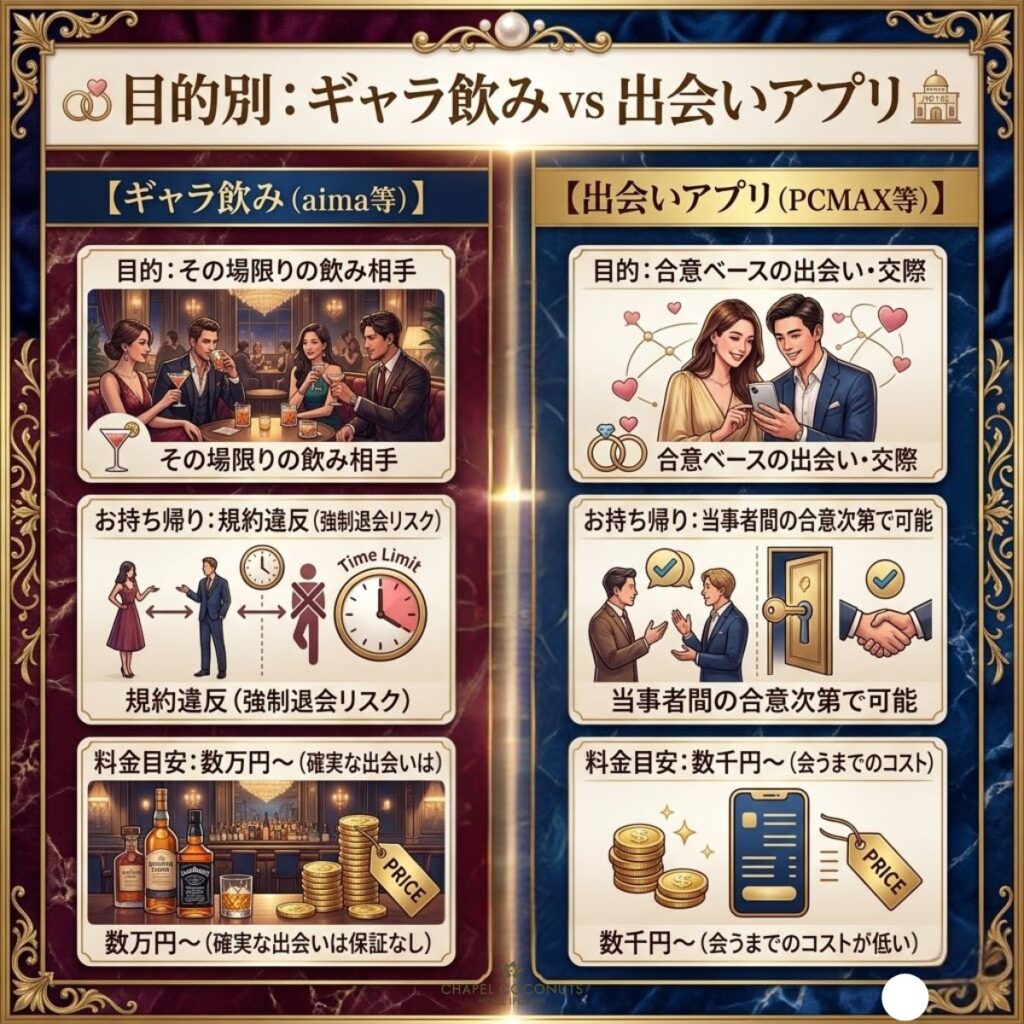 ギャラ飲みと出会いアプリの目的別の違いを図解。お持ち帰りの可否や料金目安を比較し、出会い目的なら出会いアプリが適していることを説明