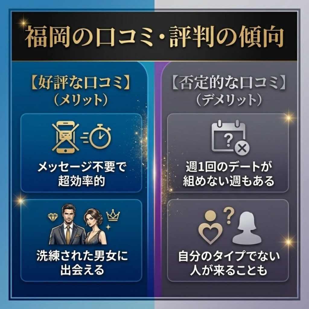 福岡のバチェラーデートの口コミ傾向を左右対比で図解。メッセージ不要などの好評な声と、デートが組めない週があるなどの否定的な声を整理