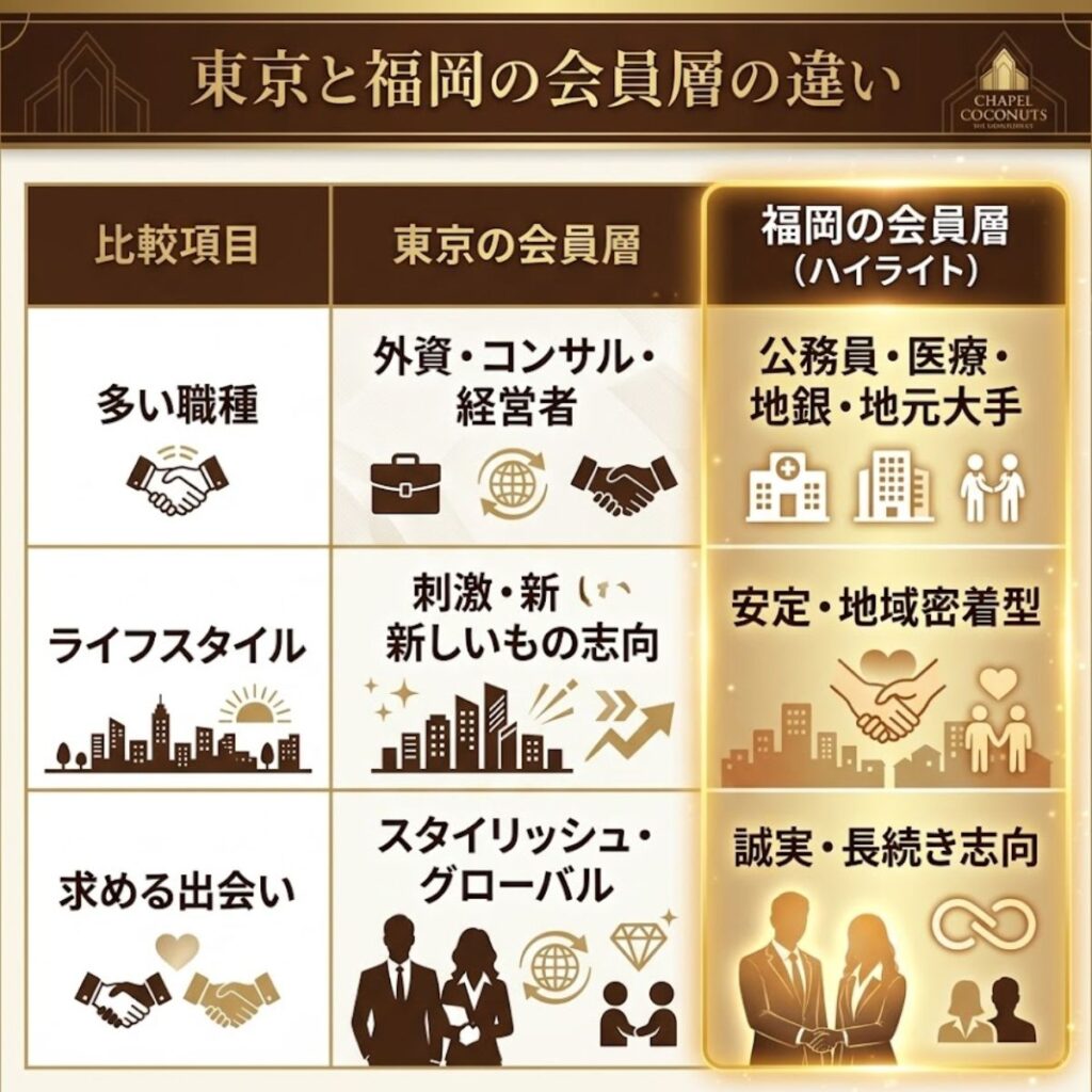 東京と福岡のバチェラーデート会員層の違いを比較表で図解。福岡は公務員や医療職が多く、安定志向の出会いを求める傾向があることを解説