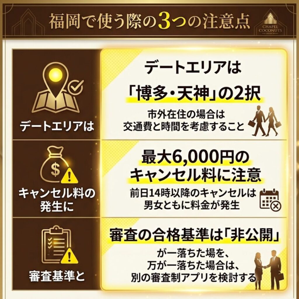 福岡でバチェラーデートを使う際の3つの注意点を図解。エリアが博多・天神の2択であることや、キャンセル料の仕組みについて解説