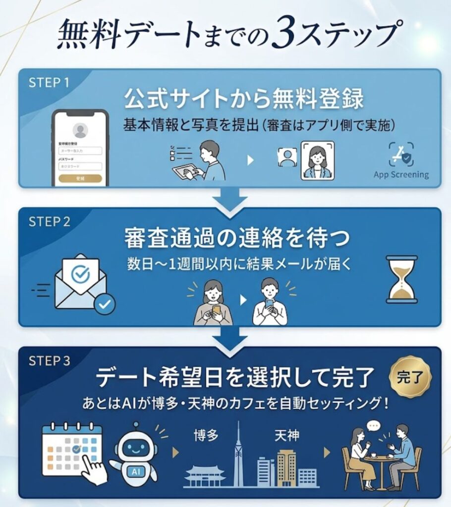 バチェラーデートの無料デートまでの3ステップを図解。無料登録から審査通過、デート希望日の選択までのシンプルな流れを解説