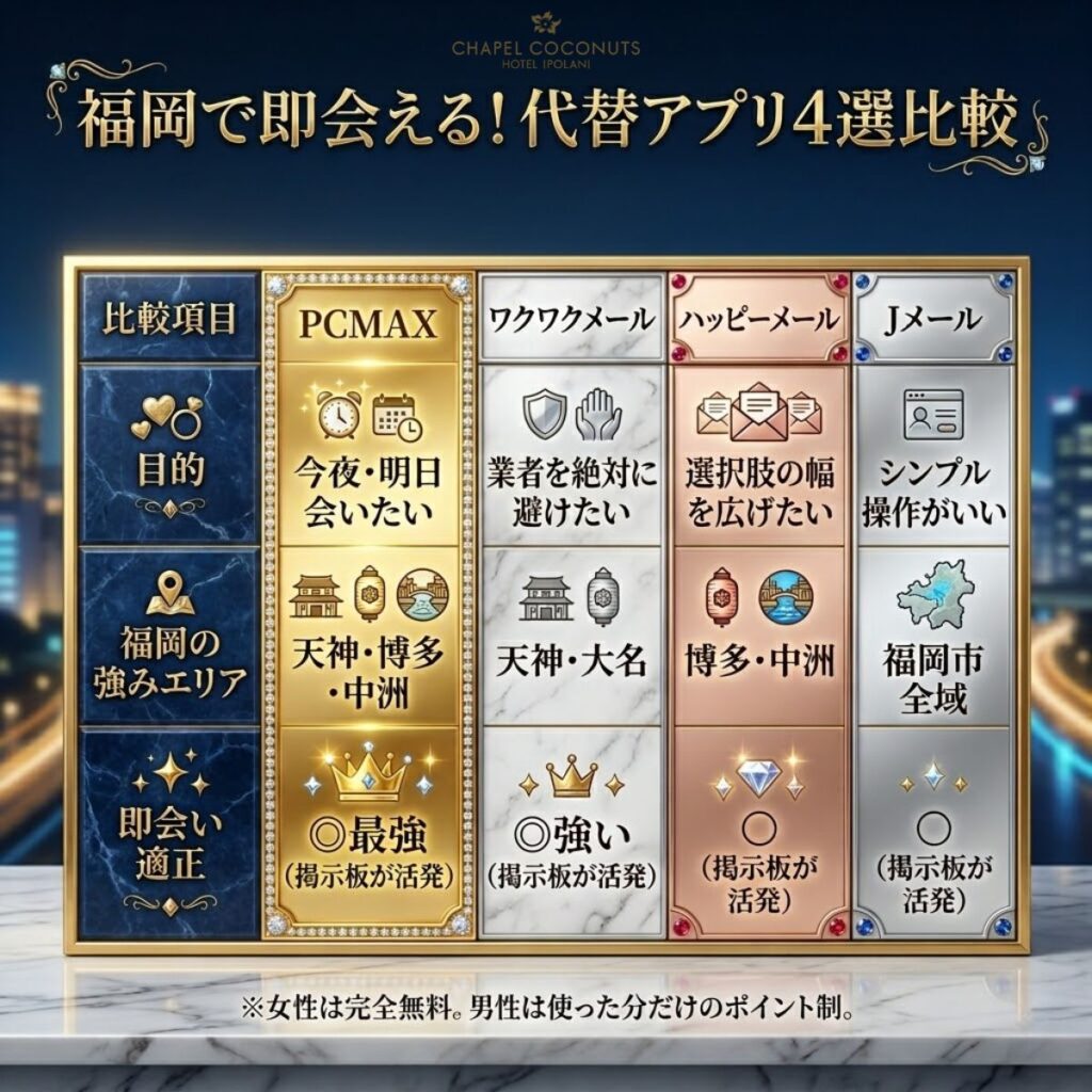 福岡でクロスミー代わりになる出会い系アプリ4選の比較表。PCMAX、ワクワクメール、ハッピーメール、Jメールの目的と強みエリアを整理