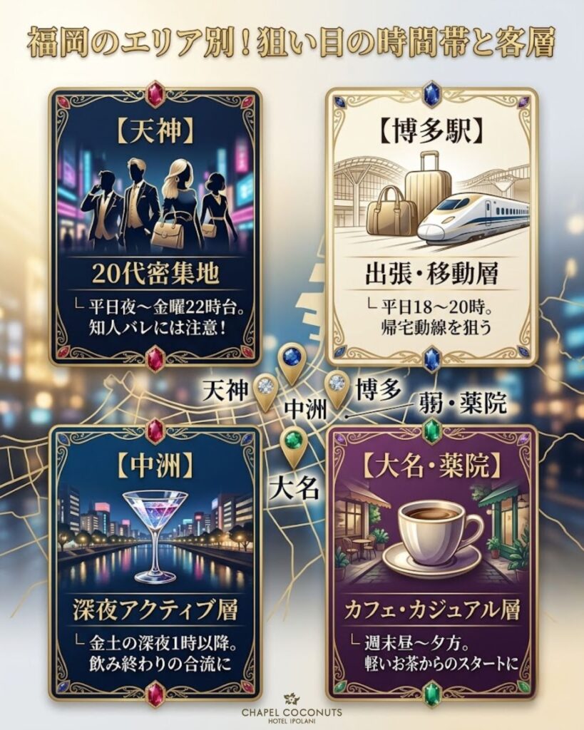 福岡のエリア別の狙い目と客層を図解。天神、博多駅、中洲、大名・薬院の特徴とアクティブな時間帯を整理